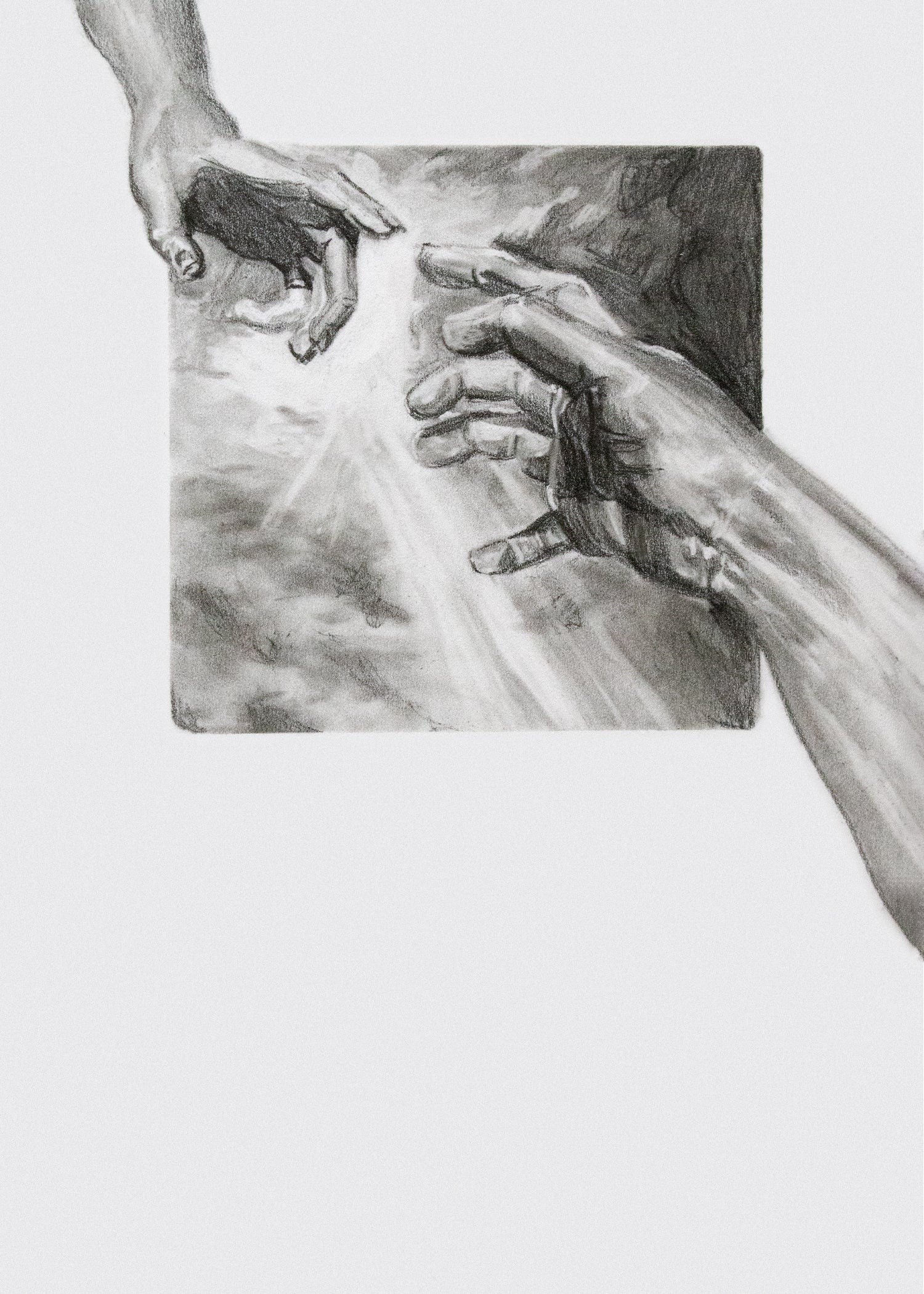 Pencil drawing of two hands reaching towards each other with a light beam between them on a white background. A reference to the Creation of Adam by Michelangelo. 